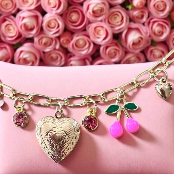 Charming Gold Toned Locket Necklace with Pink Enamel and Crystal Accents 17”-19” - Picture 4 of 11